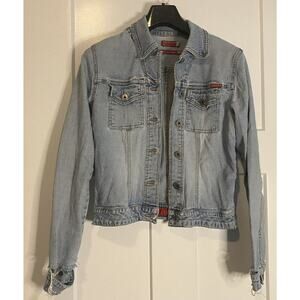 Vintage Guess Denim Jean Jacket Size SMALL Made in USA Distressed Med Wash